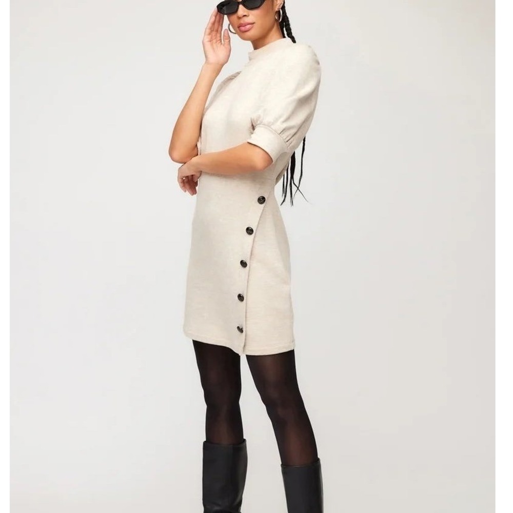 FIFTEEN TWENTY Oatmeal Button Detail Minimalist Mini Dress Puff Sleeve SMALL